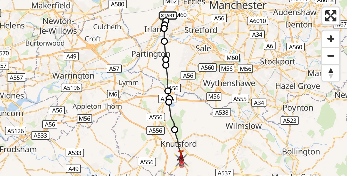 Flight route Air Ambulance Helicopter Manchester Barton Aerodrome - Knutsford, 12 August 2026, 09:48