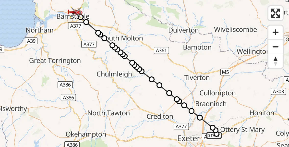 Flight route Air Ambulance Helicopter Exeter International Airport - North Devon Hospital, 12 August 2026, 09:55