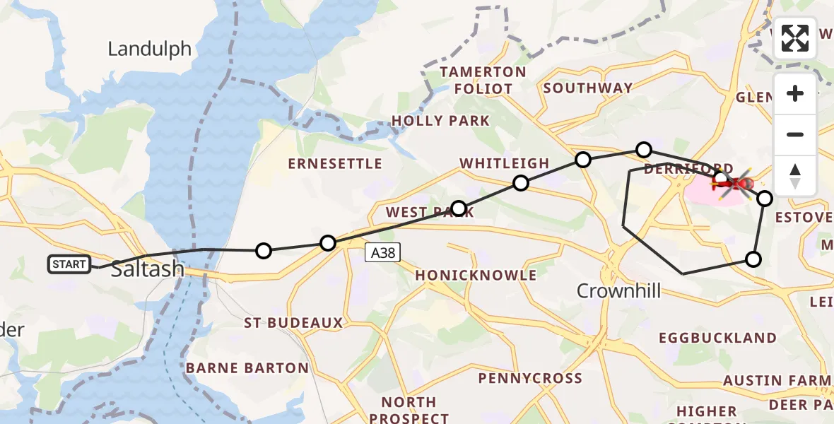 Flight route Air Ambulance Helicopter Saltash - Derriford Hospital, 12 August 2026, 10:27