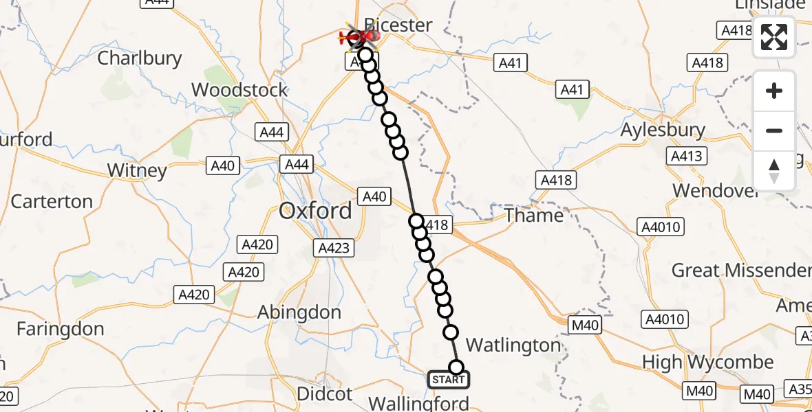 Flight route Air Ambulance Helicopter RAF Benson - Bucknell, 12 August 2026, 10:31