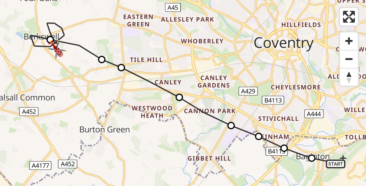 Flight route Air Ambulance Helicopter Coventry Airport - Solihull, 12 August 2026, 10:31