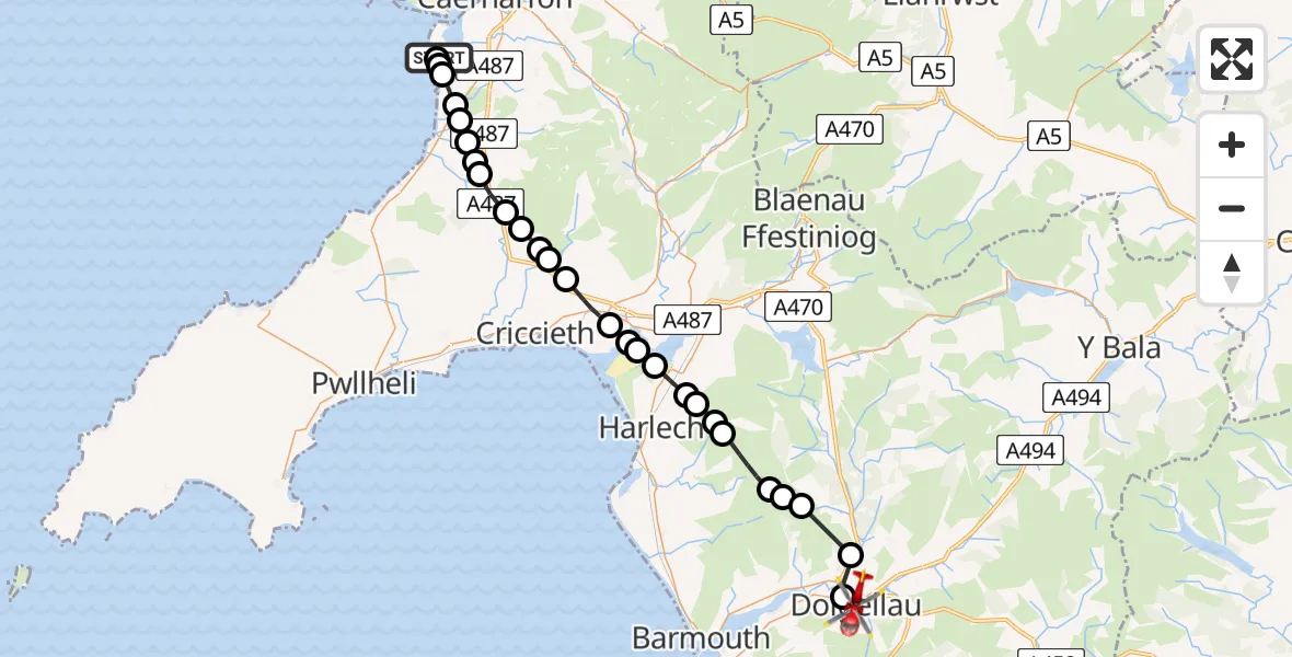 Flight route Air Ambulance Helicopter Caernarfon Airport - Dolgellau, 12 August 2026, 10:41