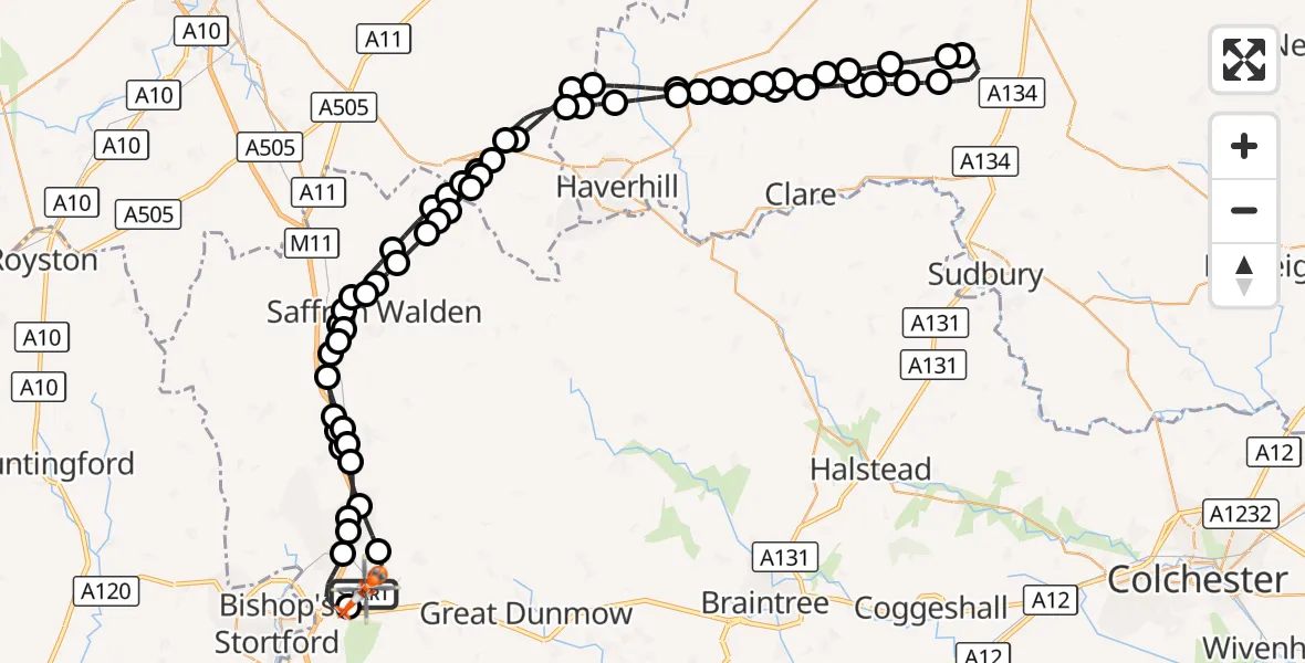 Flight route Coastguard Helicopter London Stansted Airport - London Stansted Airport, 12 August 2026, 10:43