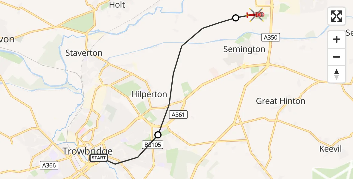 Flight route Air Ambulance Helicopter Trowbridge - Semington, 12 August 2026, 10:44