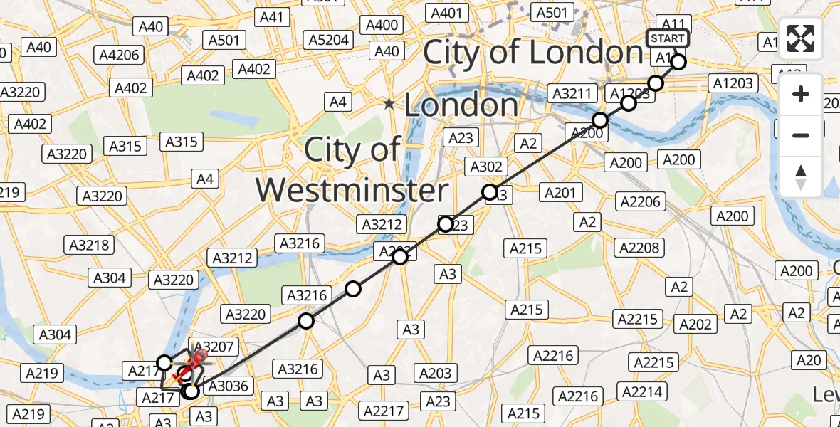 Flight route Air Ambulance Helicopter Royal London Hospital - Battersea, 12 August 2026, 10:49
