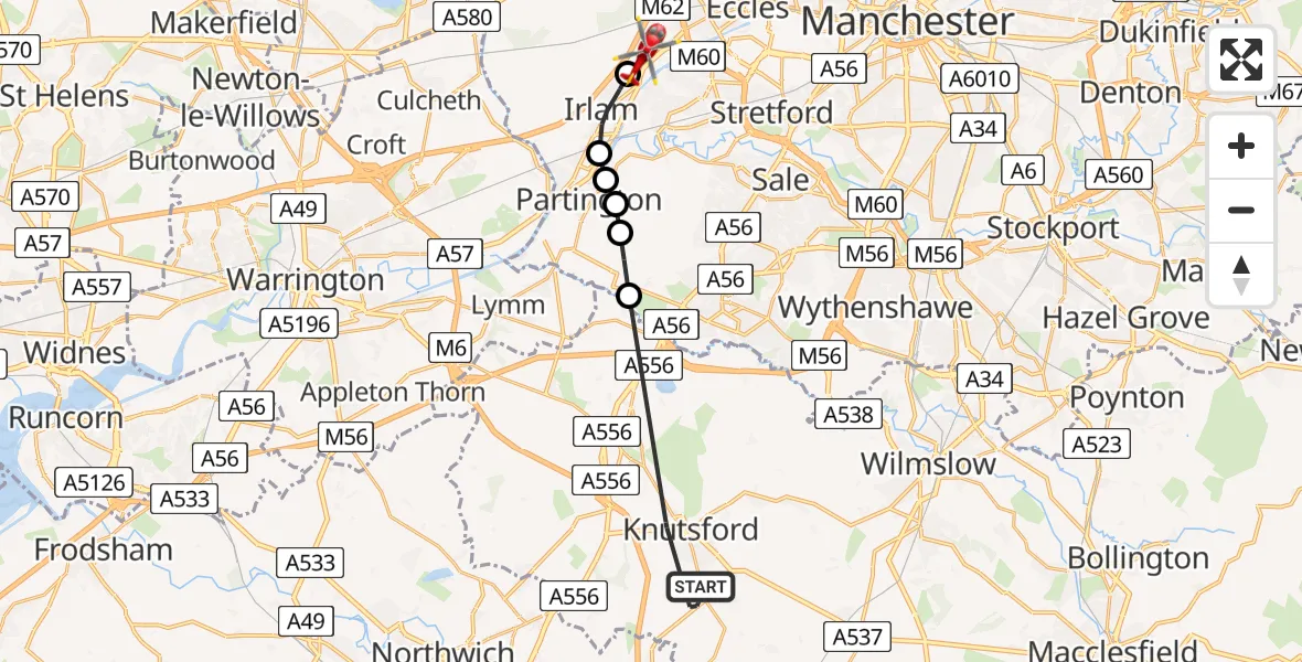 Flight route Air Ambulance Helicopter Knutsford - Urmston, 12 August 2026, 11:04