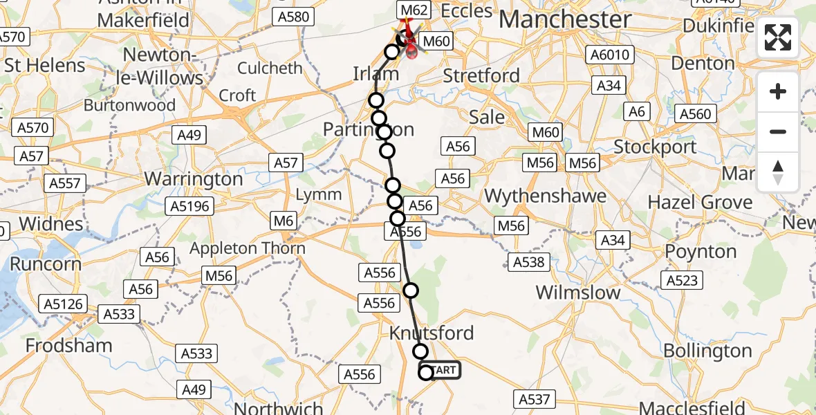 Flight route Air Ambulance Helicopter Knutsford - Manchester Barton Aerodrome, 12 August 2026, 11:04
