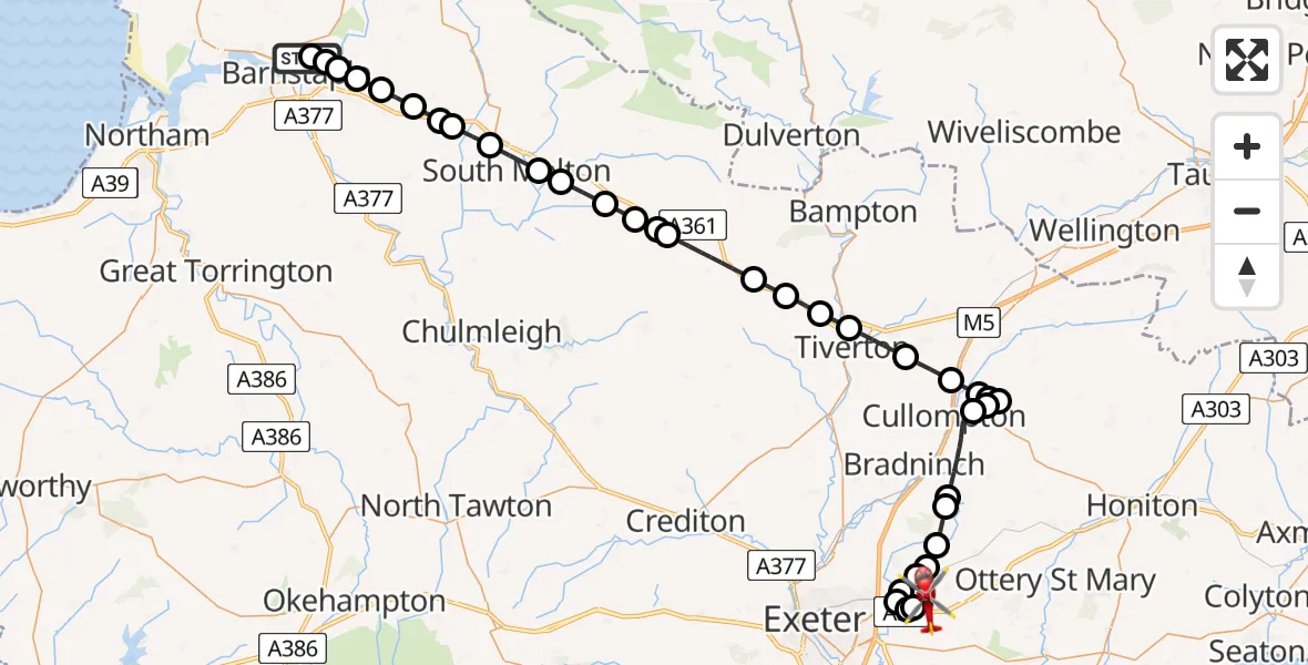Flight route Air Ambulance Helicopter North Devon Hospital - Exeter International Airport, 12 August 2026, 11:06