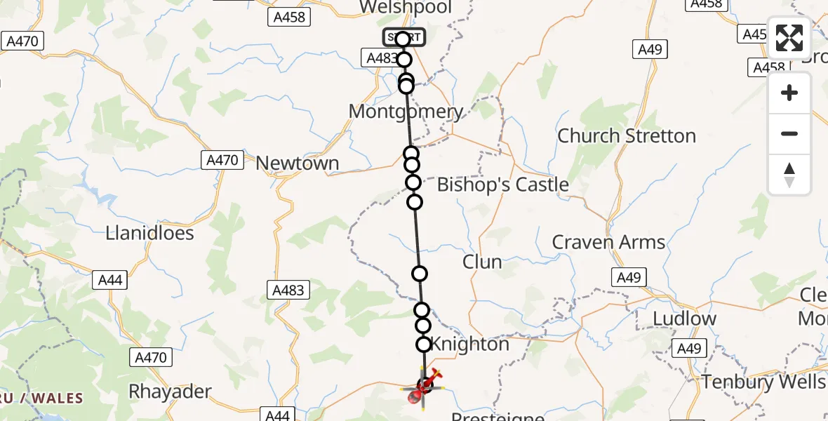Flight route Air Ambulance Helicopter Welshpool Airport - Knighton, 12 August 2026, 11:07