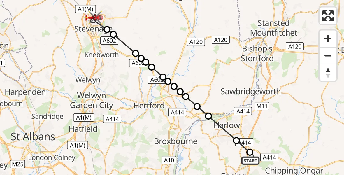 Flight route Air Ambulance Helicopter North Weald Airfield - Stevenage, 12 August 2026, 11:11