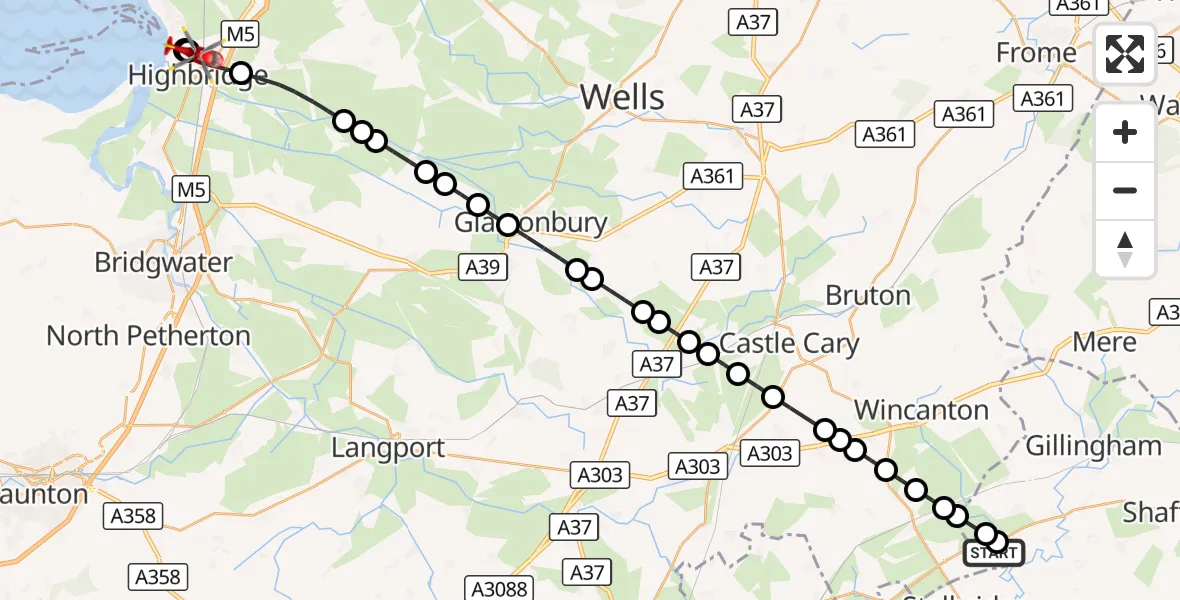 Flight route Air Ambulance Helicopter Henstridge Airfield - Highbridge, 12 August 2026, 11:18