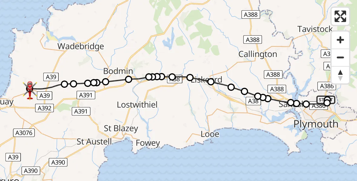 Flight route Air Ambulance Helicopter Derriford Hospital - Cornwall Airport Newquay, 12 August 2026, 11:22