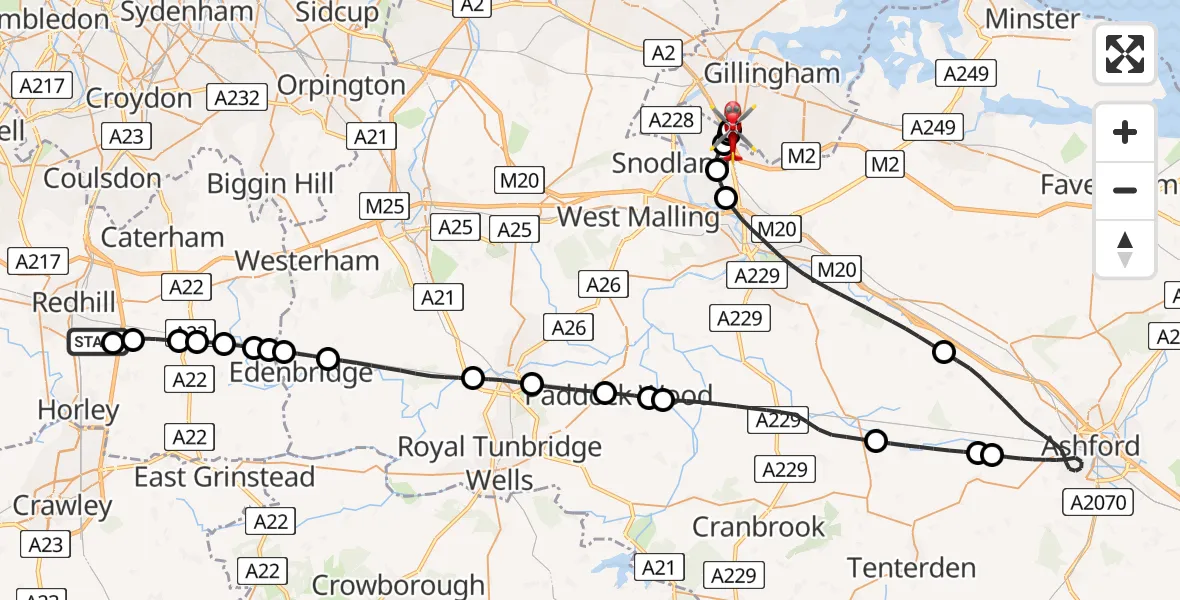 Flight route Air Ambulance Helicopter Redhill Aerodrome - Rochester Airport, 12 August 2026, 11:30