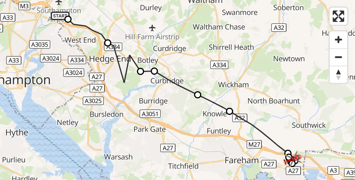 Flight route Air Ambulance Helicopter Southampton Airport - Fareham, 12 August 2026, 11:33