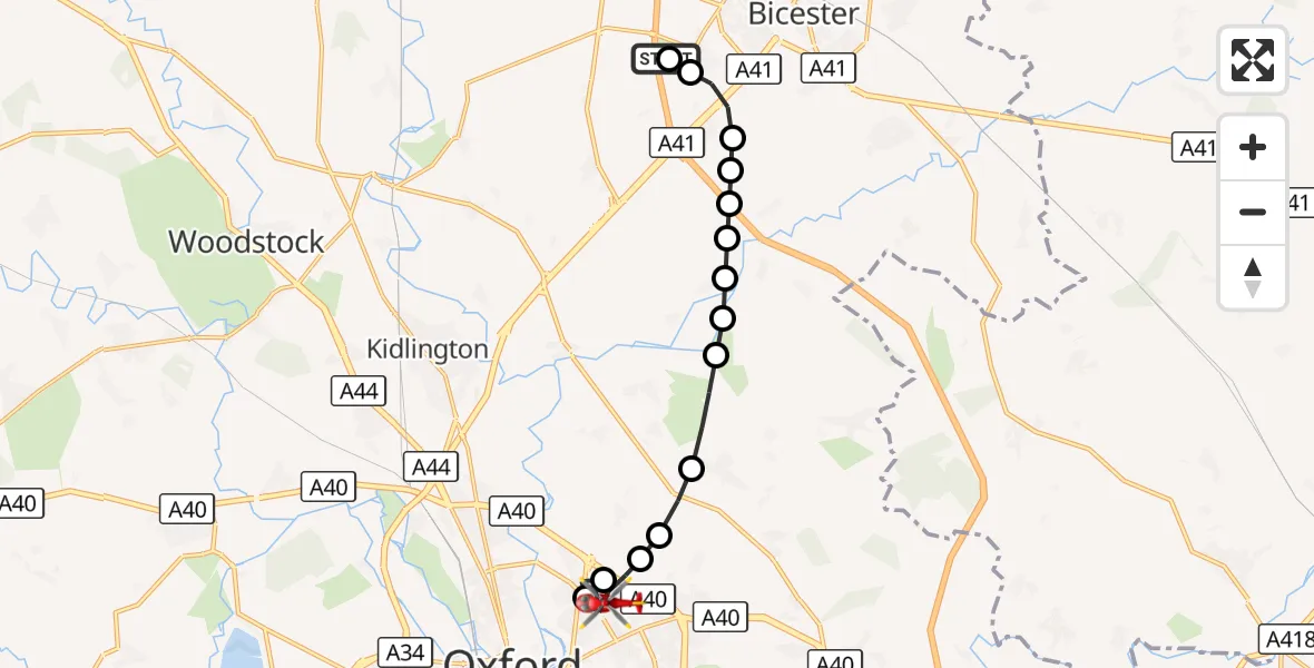 Flight route Air Ambulance Helicopter Chesterton - Oxford, 12 August 2026, 11:38