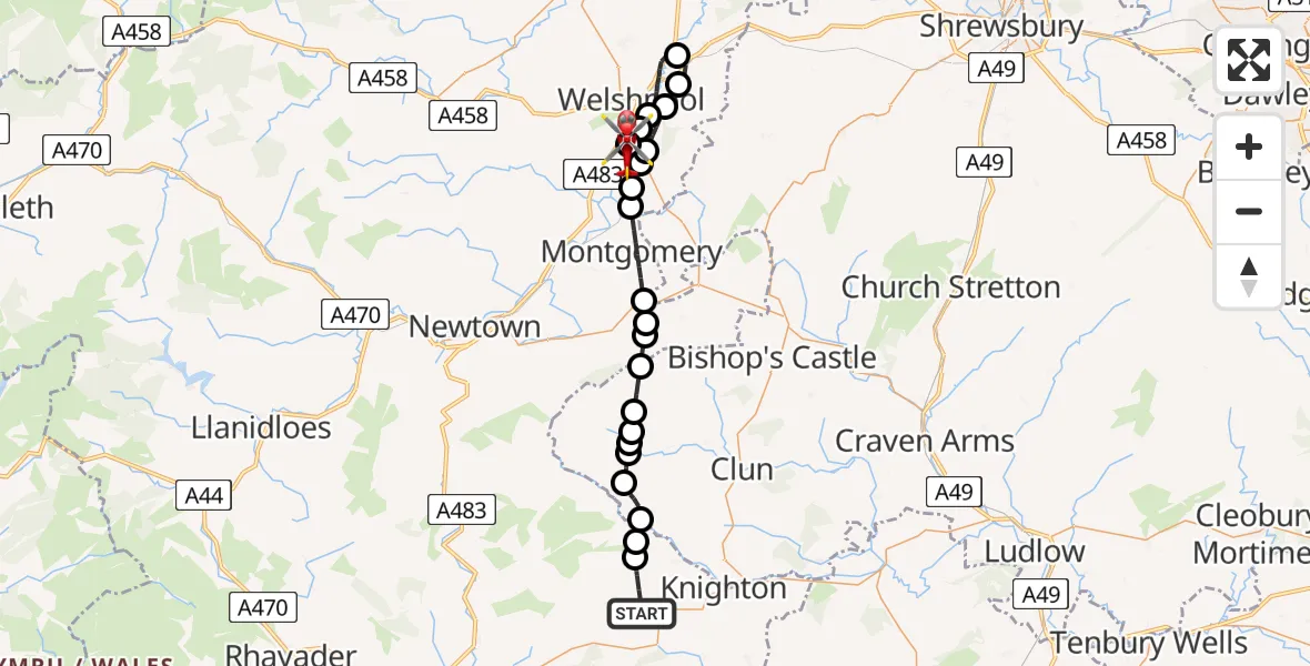 Flight route Air Ambulance Helicopter Llangunllo - Welshpool Airport, 12 August 2026, 11:44