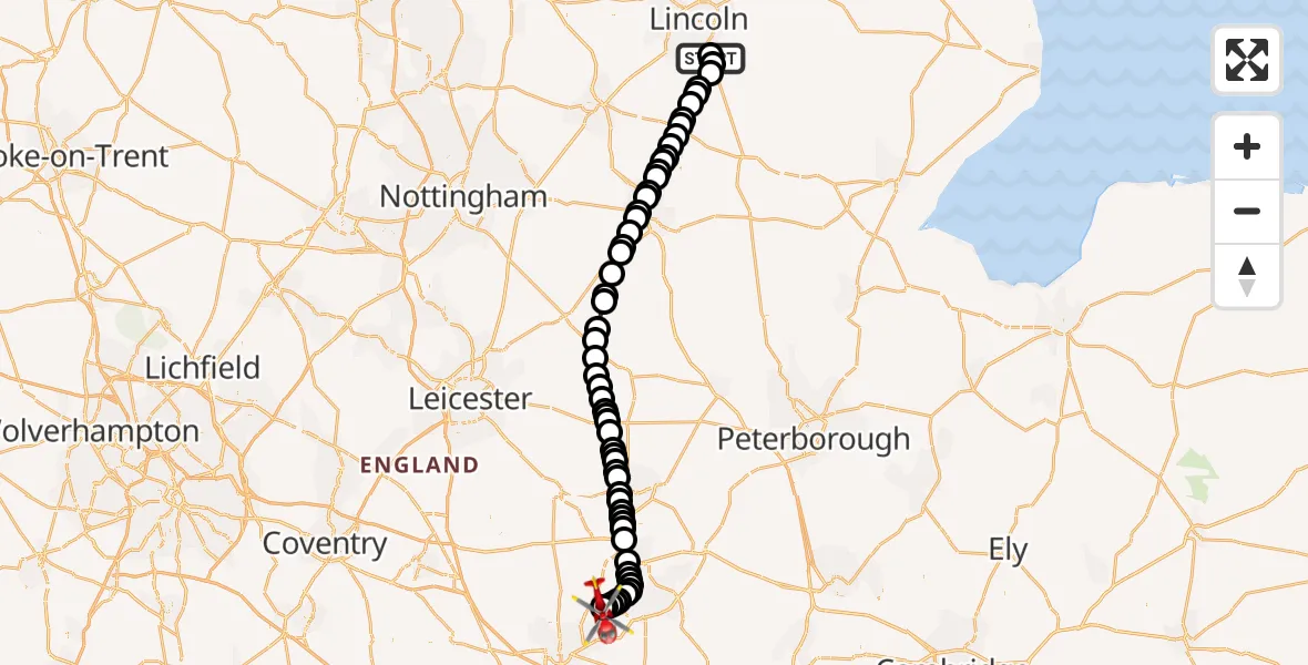 Flight route Air Ambulance Helicopter RAF Waddington - Sywell Aerodrome, 12 August 2026, 11:50