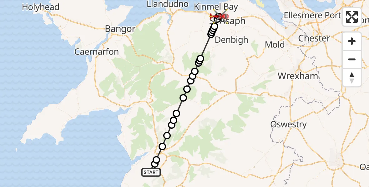 Flight route Air Ambulance Helicopter Llanfihangel-y-Pennant - Rhyl, 12 August 2026, 11:53