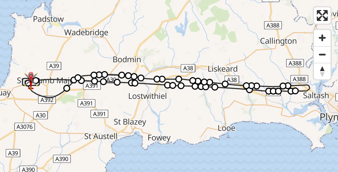 Flight route Air Ambulance Helicopter Cornwall Airport Newquay - Cornwall Airport Newquay, 12 August 2026, 12:01