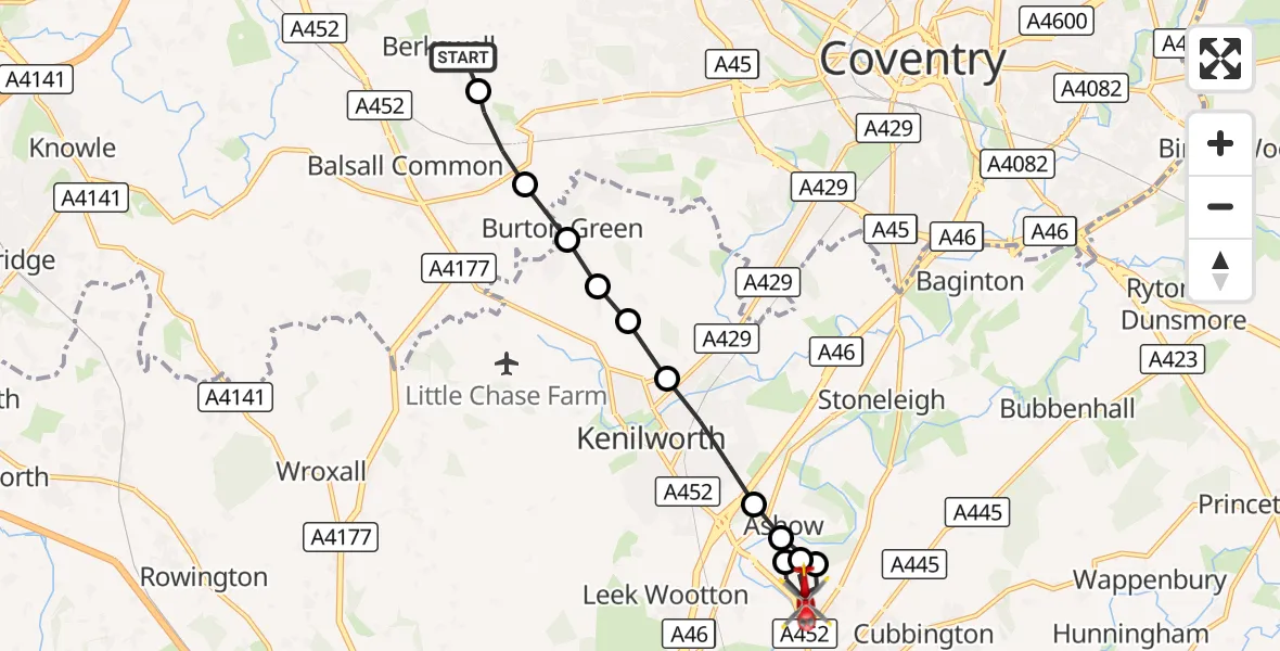 Flight route Air Ambulance Helicopter Solihull - Warwick, 12 August 2026, 12:01