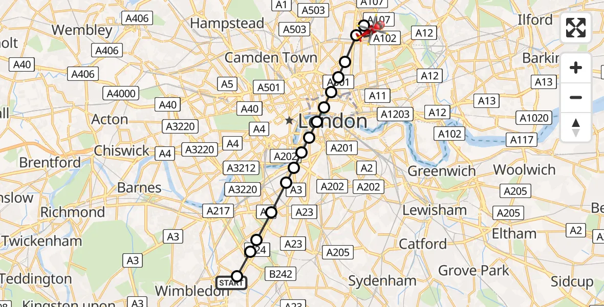 Flight route Air Ambulance Helicopter St Georges Hospital - Shacklewell, 12 August 2026, 12:07