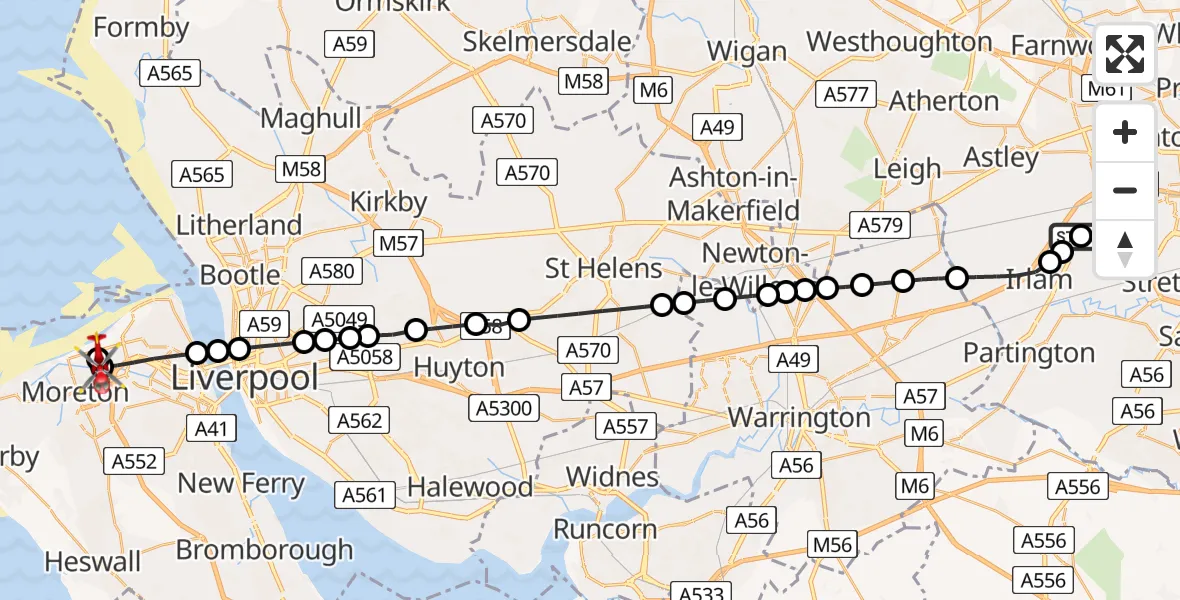 Flight route Air Ambulance Helicopter Manchester Barton Aerodrome - Moreton, 12 August 2026, 12:16