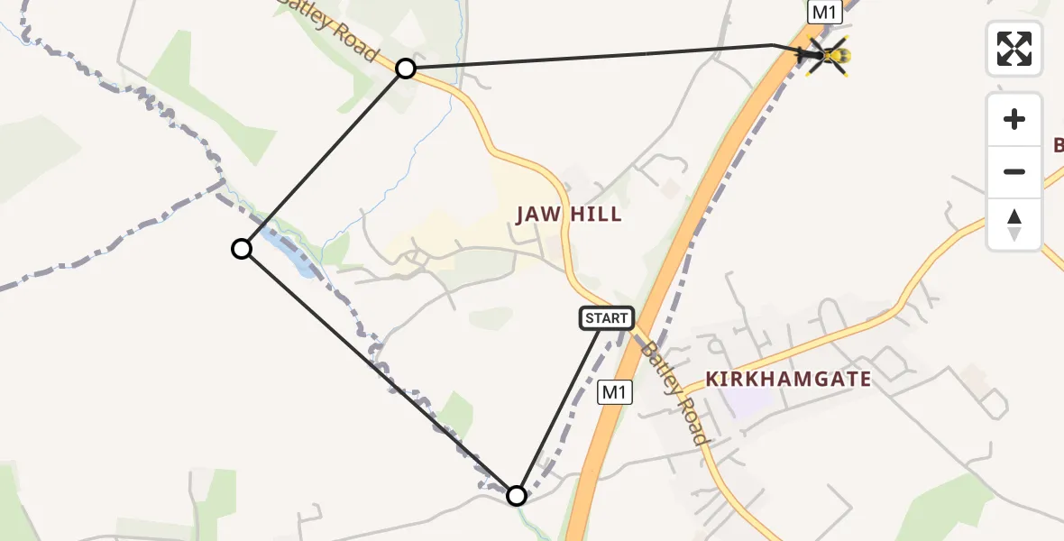 Flight route Police Helicopter Woodkirk - East Ardsley, 12 August 2026, 12:20