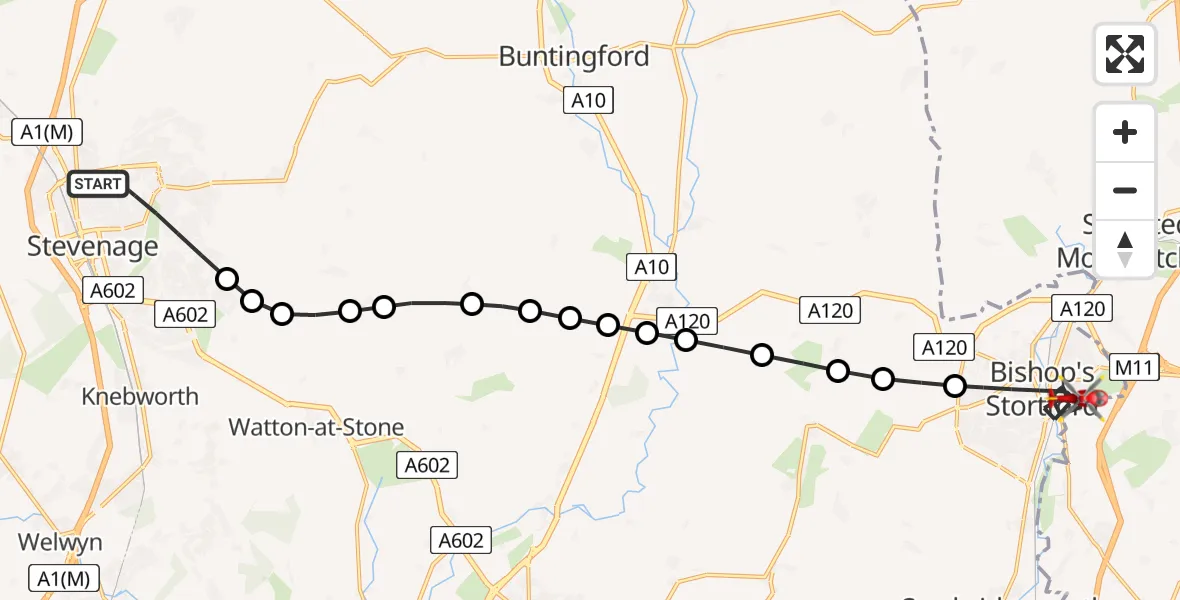 Flight route Air Ambulance Helicopter Stevenage - Bishop's Stortford, 12 August 2026, 12:24