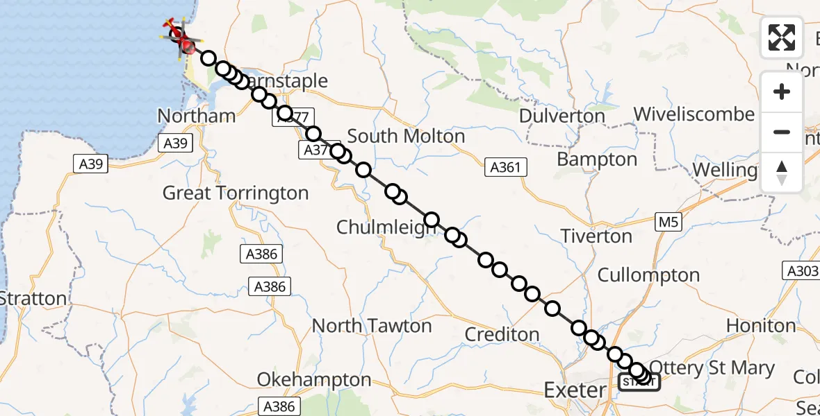 Flight route Air Ambulance Helicopter Exeter International Airport - Croyde, 12 August 2026, 12:28