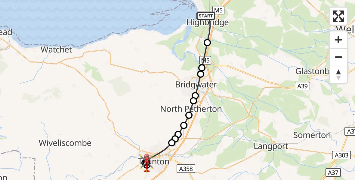 Flight route Air Ambulance Helicopter Highbridge - Musgrove Hospital, 12 August 2026, 12:32