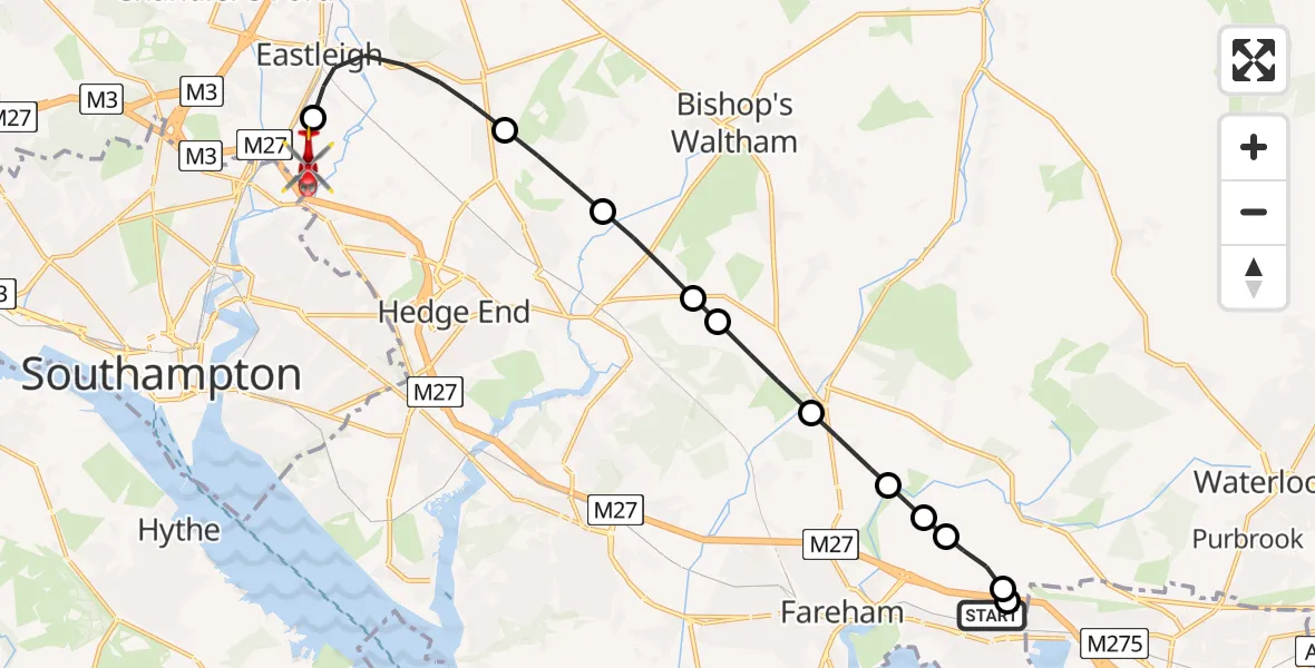 Flight route Air Ambulance Helicopter Fareham - Southampton Airport, 12 August 2026, 12:38