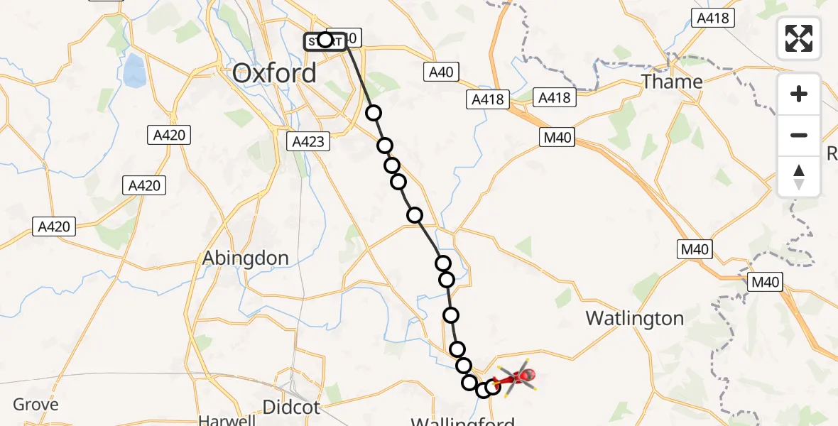 Flight route Air Ambulance Helicopter John Radcliffe Hospital - RAF Benson, 12 August 2026, 12:43