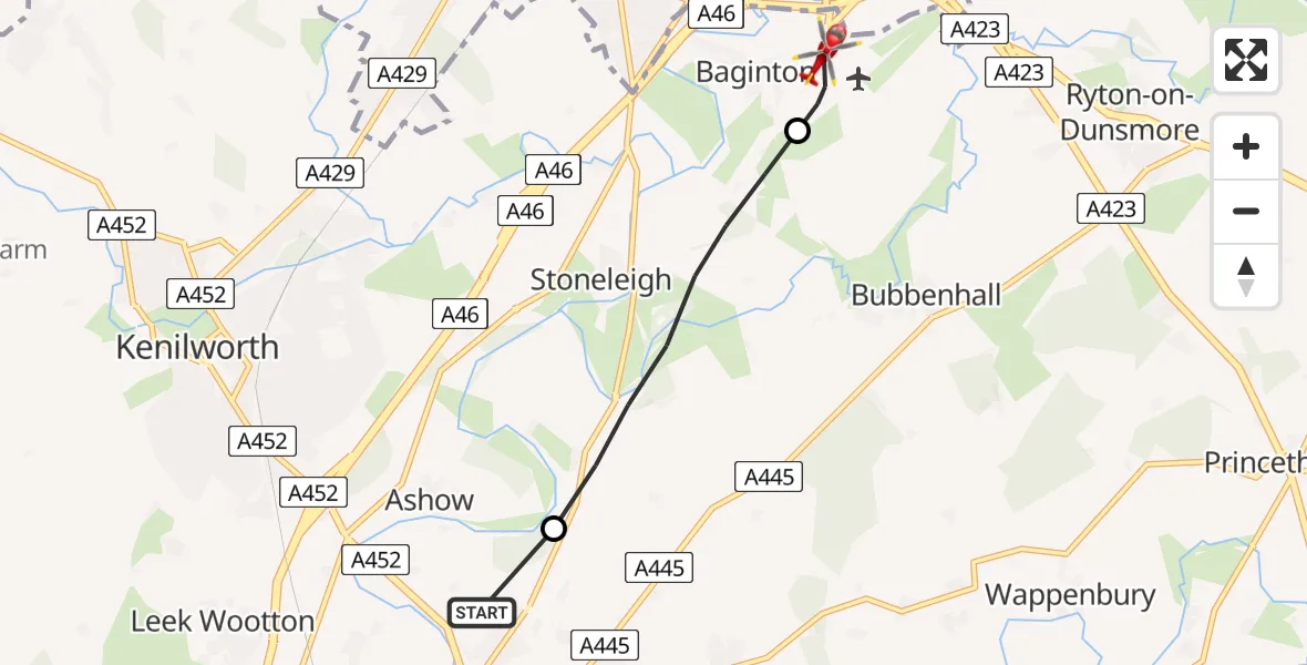 Flight route Air Ambulance Helicopter Warwick - Tollbar End, 12 August 2026, 12:45