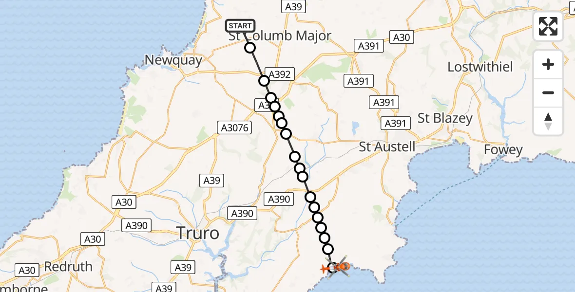Flight route Coastguard Helicopter Cornwall Airport Newquay - St. Michael Caerhays, 12 August 2026, 12:58