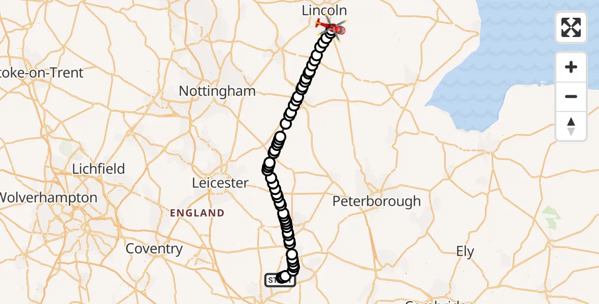 Flight route Air Ambulance Helicopter Sywell Aerodrome - North Kesteven, 12 August 2026, 13:00