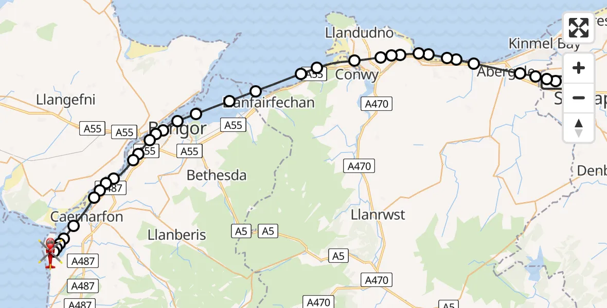 Flight route Air Ambulance Helicopter Ysbyty Glan Clywd Hospital Heliport - Caernarfon Airport, 12 August 2026, 13:00