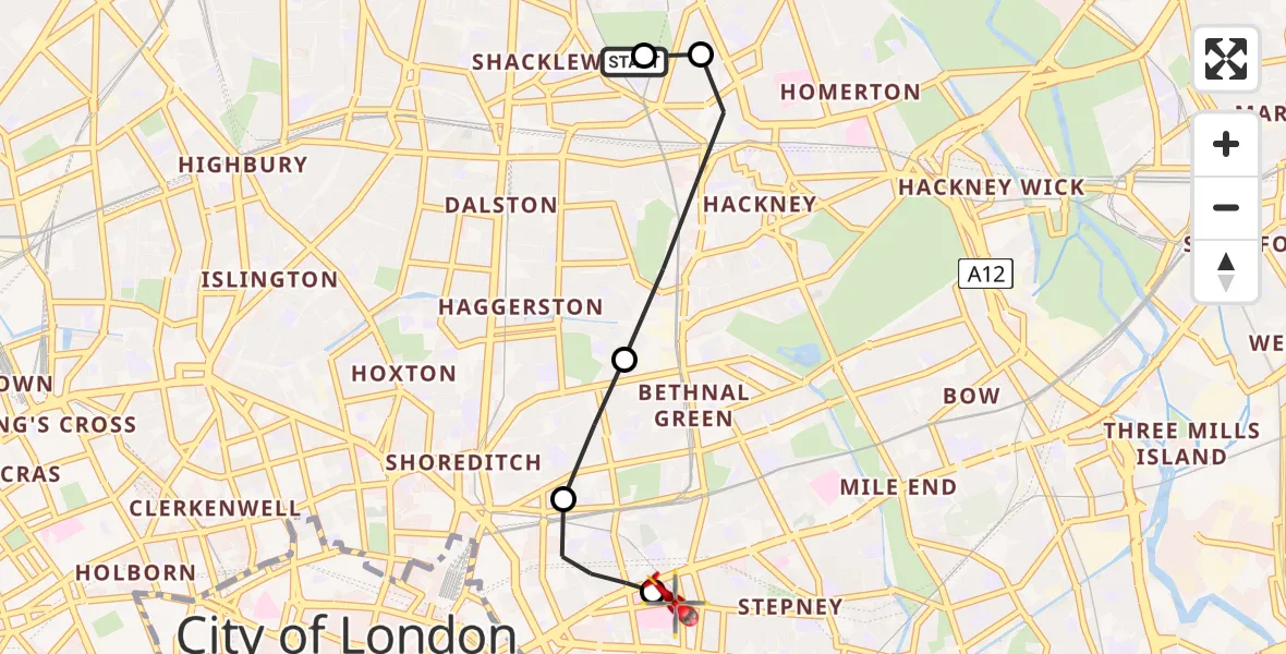 Flight route Air Ambulance Helicopter Shacklewell - Royal London Hospital, 12 August 2026, 13:03