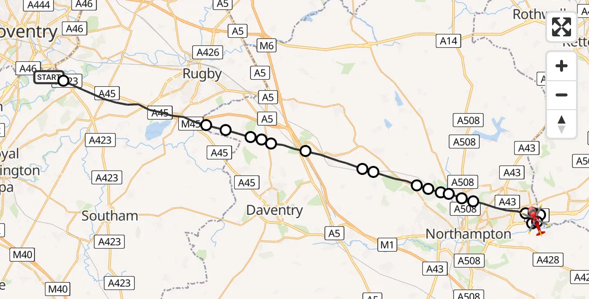Flight route Air Ambulance Helicopter Coventry Airport - Northampton, 12 August 2026, 13:03