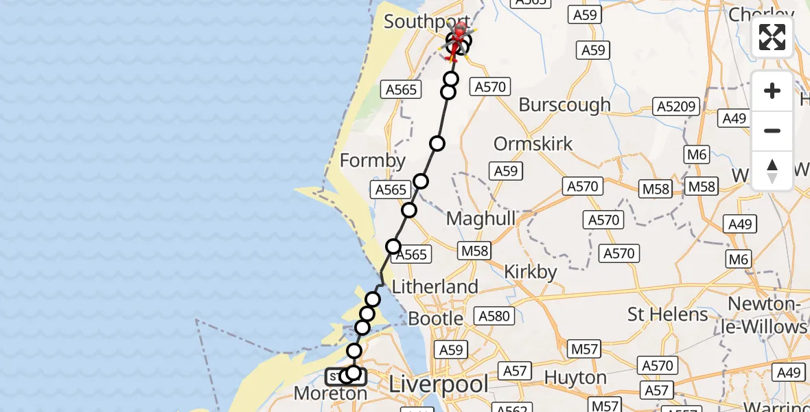 Flight route Air Ambulance Helicopter Leasowe - Southport, 12 August 2026, 13:09