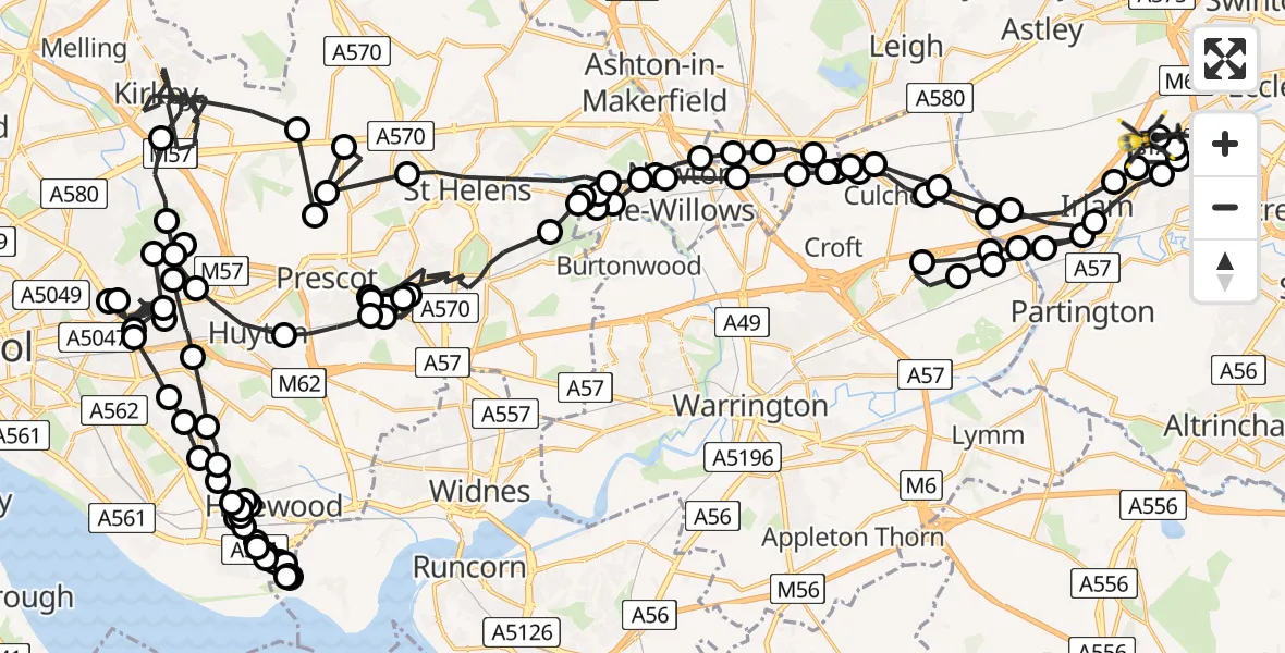 Flight route Police Helicopter Manchester Barton Aerodrome - Worsley, 12 August 2026, 13:11