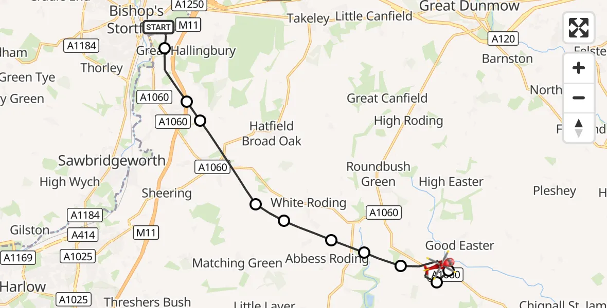 Flight route Air Ambulance Helicopter Bishop's Stortford - Uttlesford, 12 August 2026, 13:13