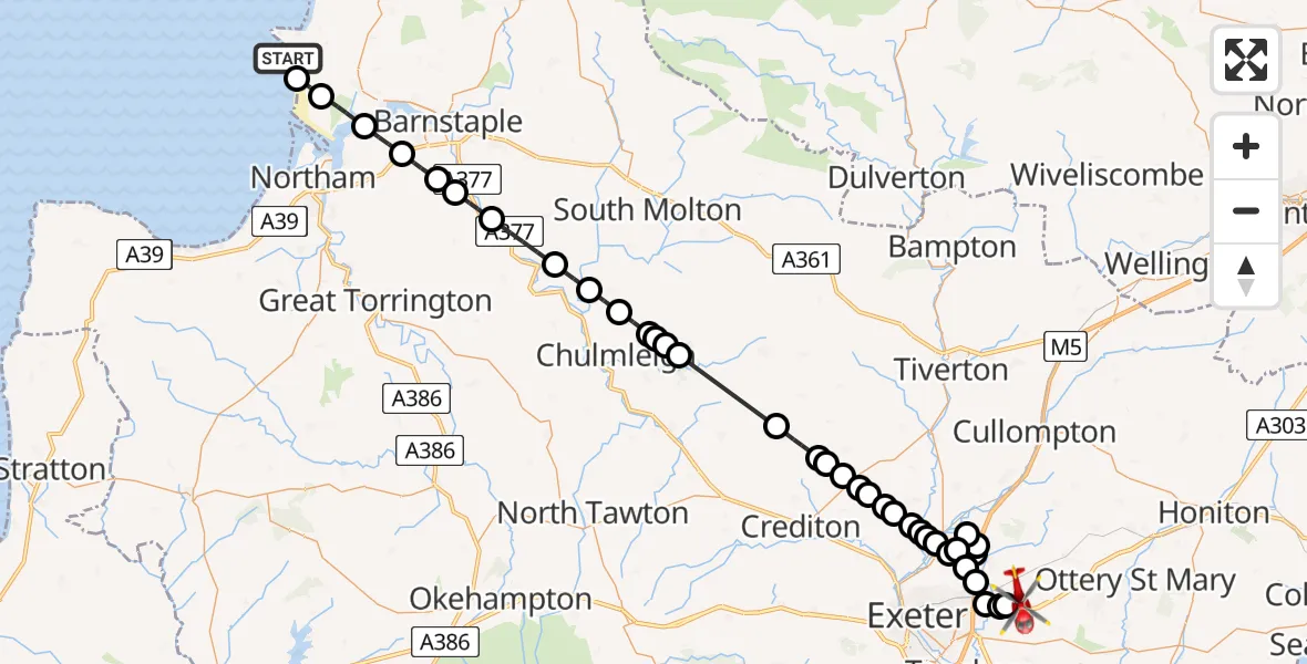 Flight route Air Ambulance Helicopter Croyde - Exeter International Airport, 12 August 2026, 13:22