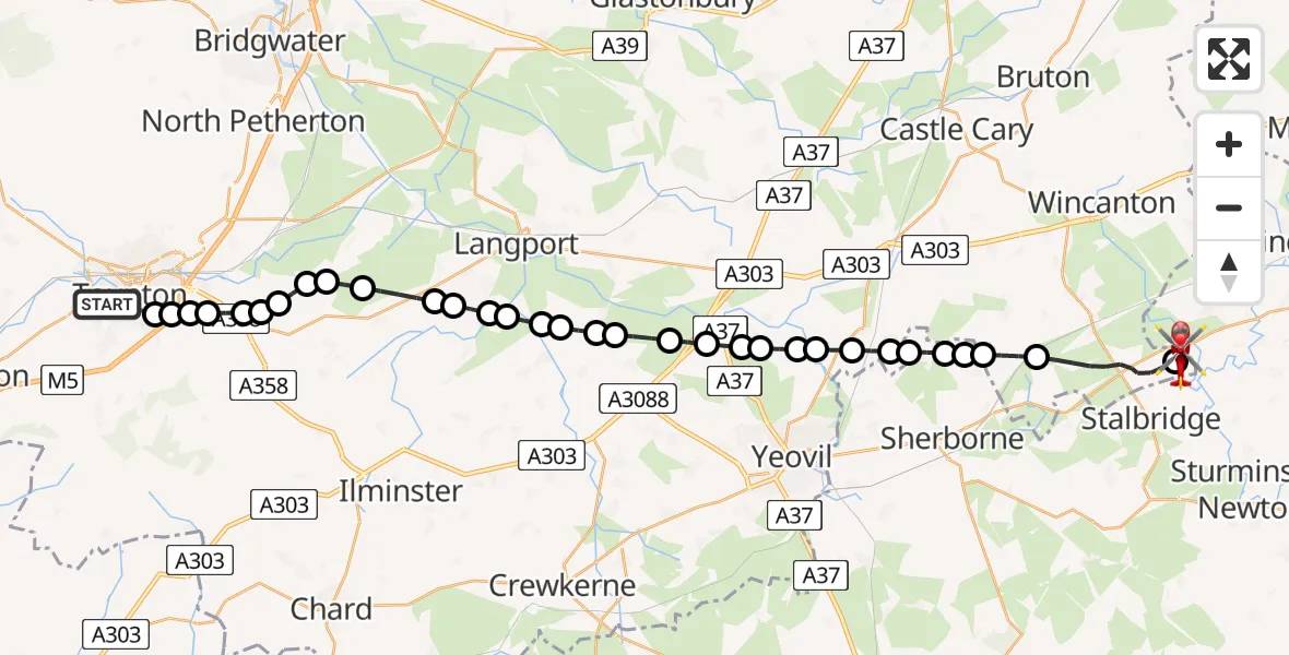Flight route Air Ambulance Helicopter Musgrove Hospital - Henstridge Airfield, 12 August 2026, 13:33