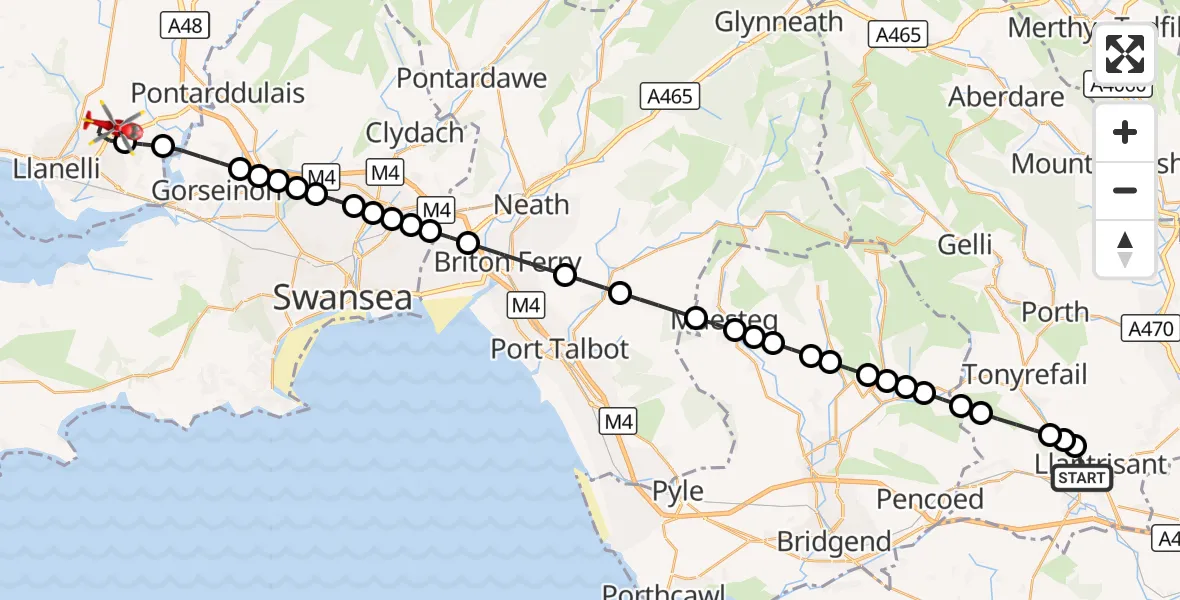 Flight route Air Ambulance Helicopter Pontyclun - Dafen, 12 August 2026, 13:45