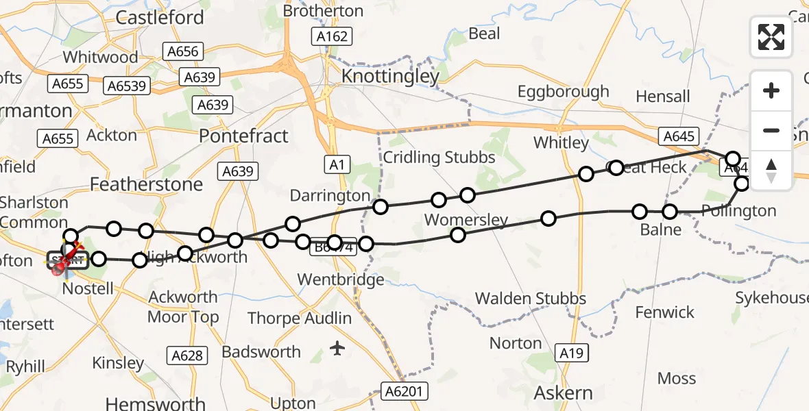 Flight route Air Ambulance Helicopter YAA Nostell Helicopter Port - YAA Nostell Helicopter Port, 12 August 2026, 13:46