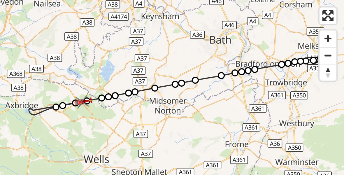 Flight route Air Ambulance Helicopter Wiltshire Air Ambulance - Priddy, 12 August 2026, 13:53