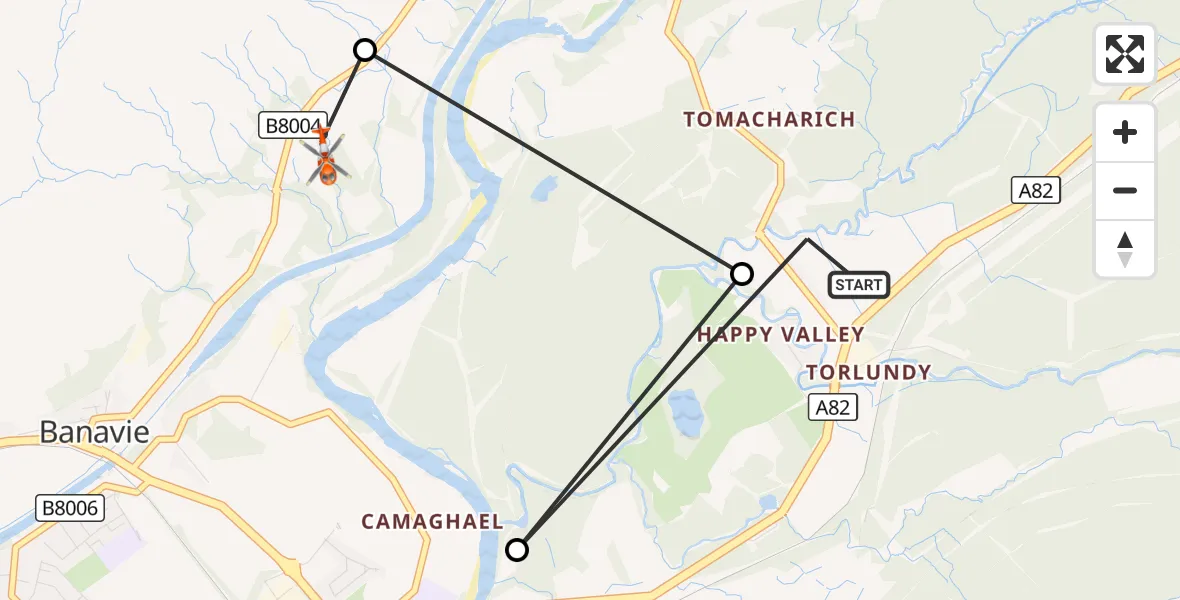 Flight route Coastguard Helicopter Torlundy - Banavie, 12 August 2026, 14:03