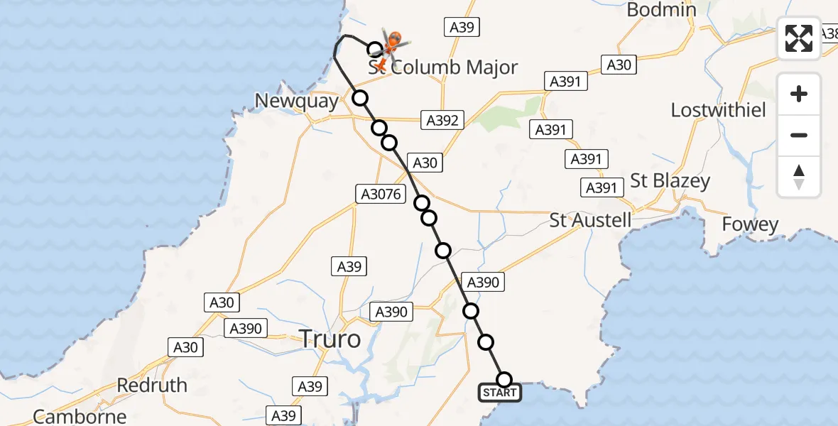 Flight route Coastguard Helicopter Portloe - Cornwall Airport Newquay, 12 August 2026, 14:13