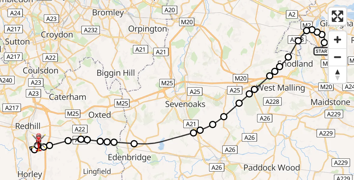Flight route Air Ambulance Helicopter Rochester Airport - Redhill Aerodrome, 12 August 2026, 14:18