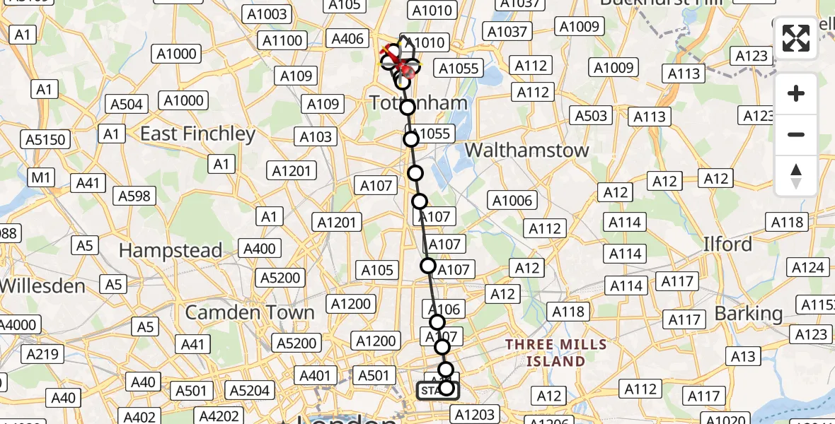 Flight route Air Ambulance Helicopter Royal London Hospital - Edmonton, 12 August 2026, 14:18